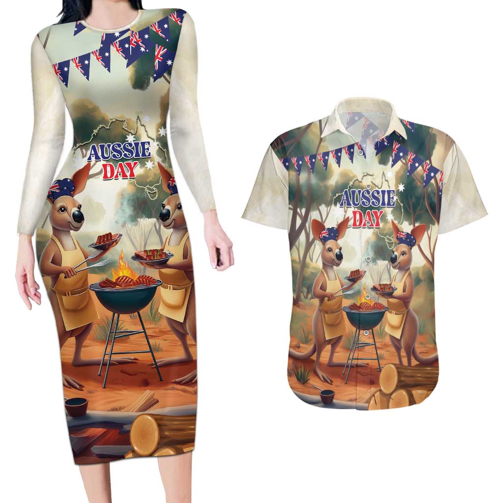 Kangaroos Australia Day Couples Matching Long Sleeve Bodycon Dress and Hawaiian Shirt It's Barbecue Time