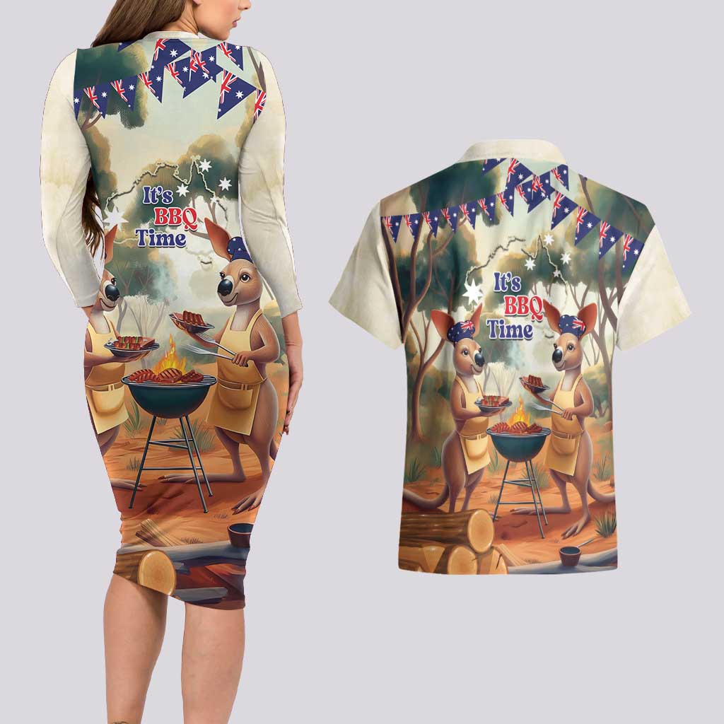 Kangaroos Australia Day Couples Matching Long Sleeve Bodycon Dress and Hawaiian Shirt It's Barbecue Time
