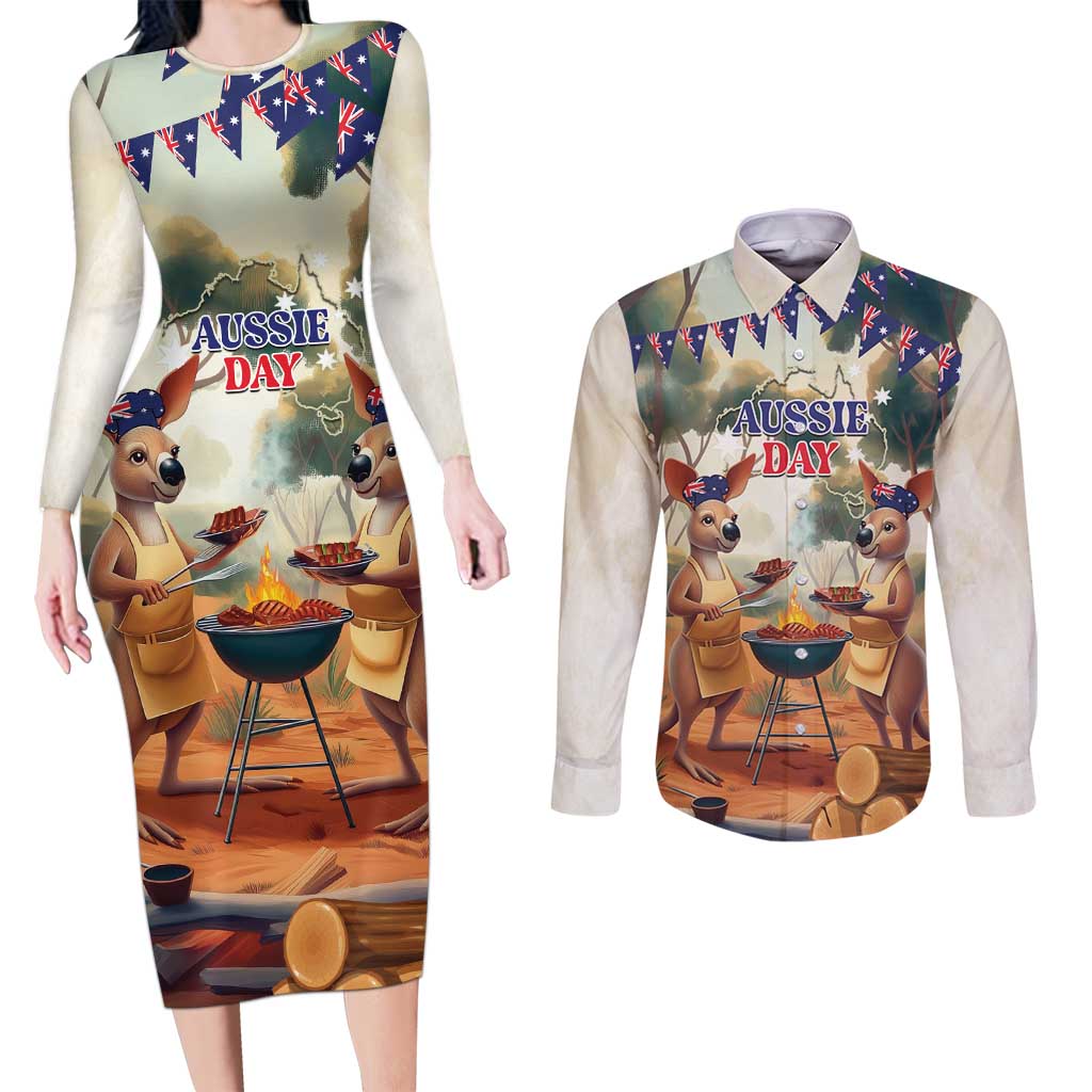 Kangaroos Australia Day Couples Matching Long Sleeve Bodycon Dress and Long Sleeve Button Shirt It's Barbecue Time