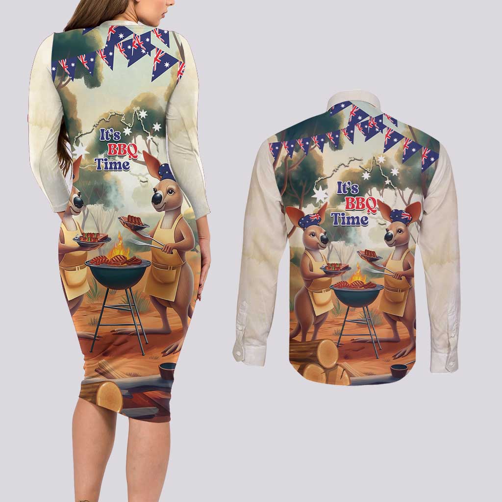 Kangaroos Australia Day Couples Matching Long Sleeve Bodycon Dress and Long Sleeve Button Shirt It's Barbecue Time