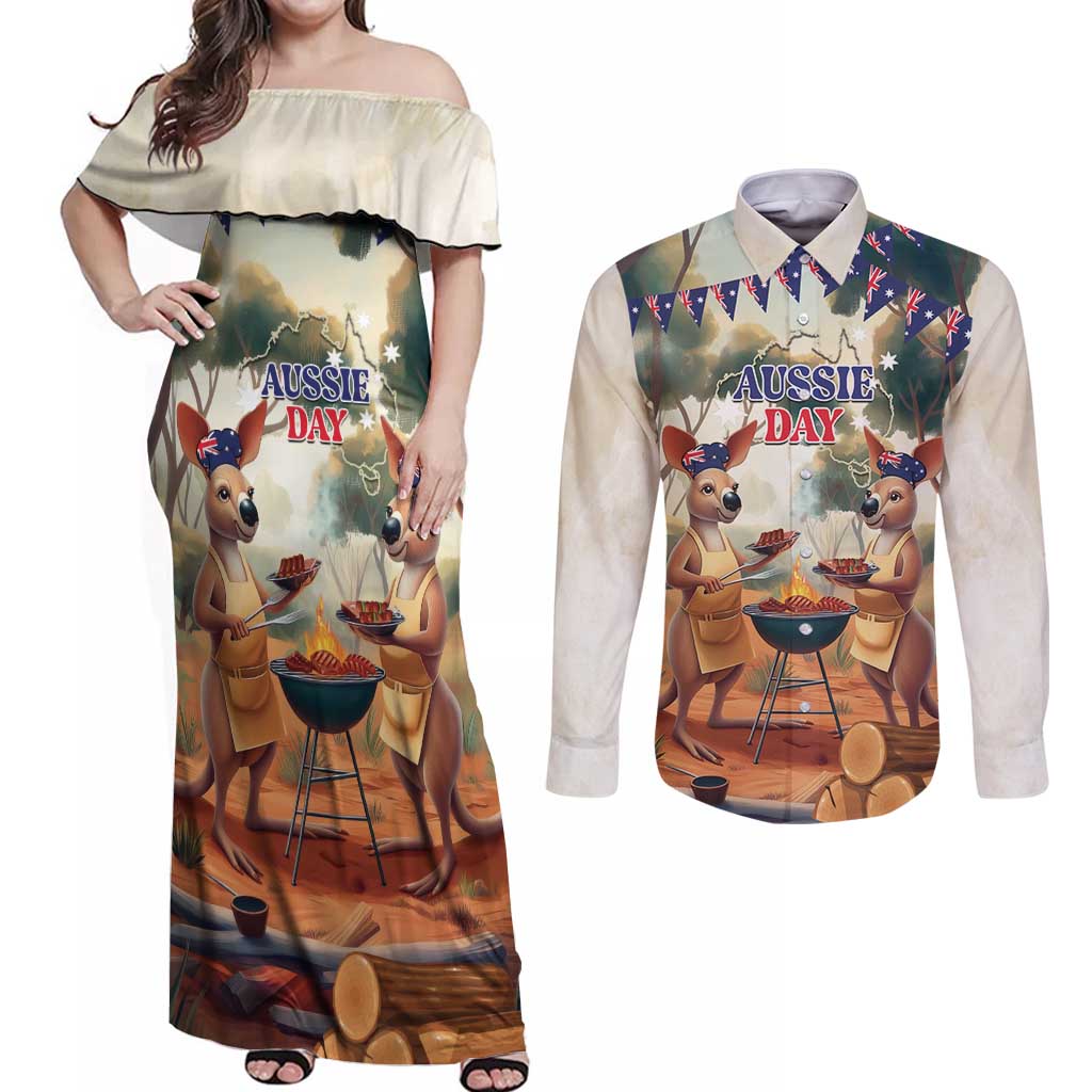 Kangaroos Australia Day Couples Matching Off Shoulder Maxi Dress and Long Sleeve Button Shirt It's Barbecue Time