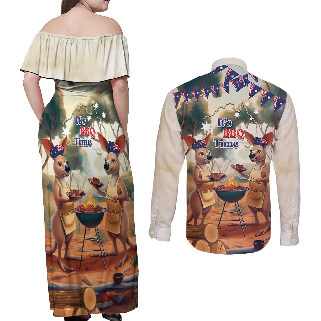 Kangaroos Australia Day Couples Matching Off Shoulder Maxi Dress and Long Sleeve Button Shirt It's Barbecue Time