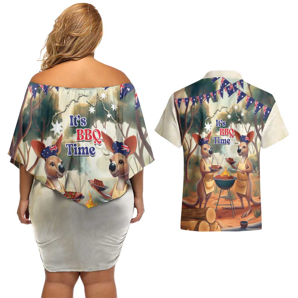 Kangaroos Australia Day Couples Matching Off Shoulder Short Dress and Hawaiian Shirt It's Barbecue Time