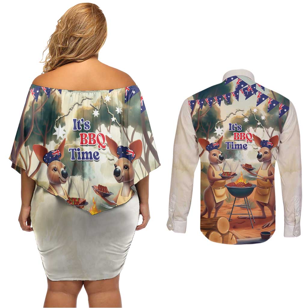 Kangaroos Australia Day Couples Matching Off Shoulder Short Dress and Long Sleeve Button Shirt It's Barbecue Time