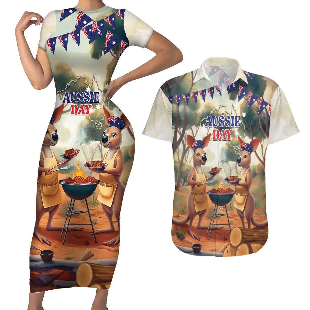 Kangaroos Australia Day Couples Matching Short Sleeve Bodycon Dress and Hawaiian Shirt It's Barbecue Time