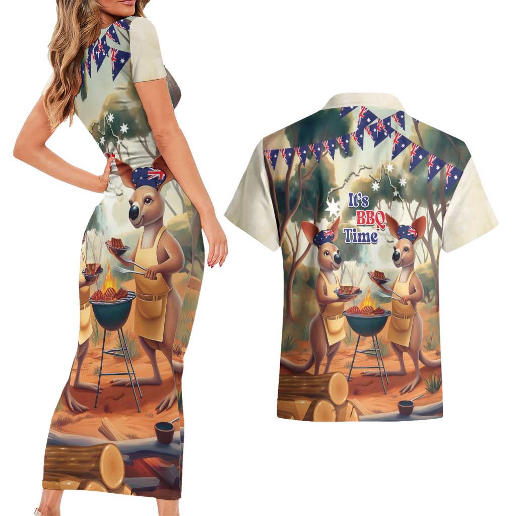 Kangaroos Australia Day Couples Matching Short Sleeve Bodycon Dress and Hawaiian Shirt It's Barbecue Time