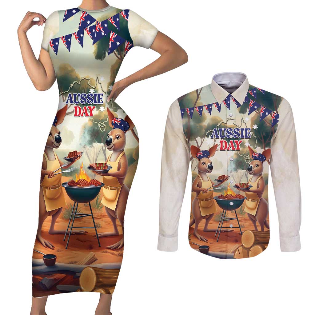 Kangaroos Australia Day Couples Matching Short Sleeve Bodycon Dress and Long Sleeve Button Shirt It's Barbecue Time