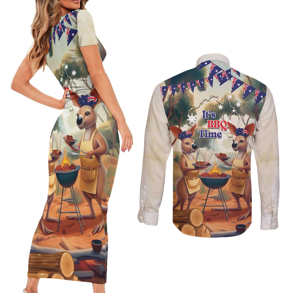 Kangaroos Australia Day Couples Matching Short Sleeve Bodycon Dress and Long Sleeve Button Shirt It's Barbecue Time