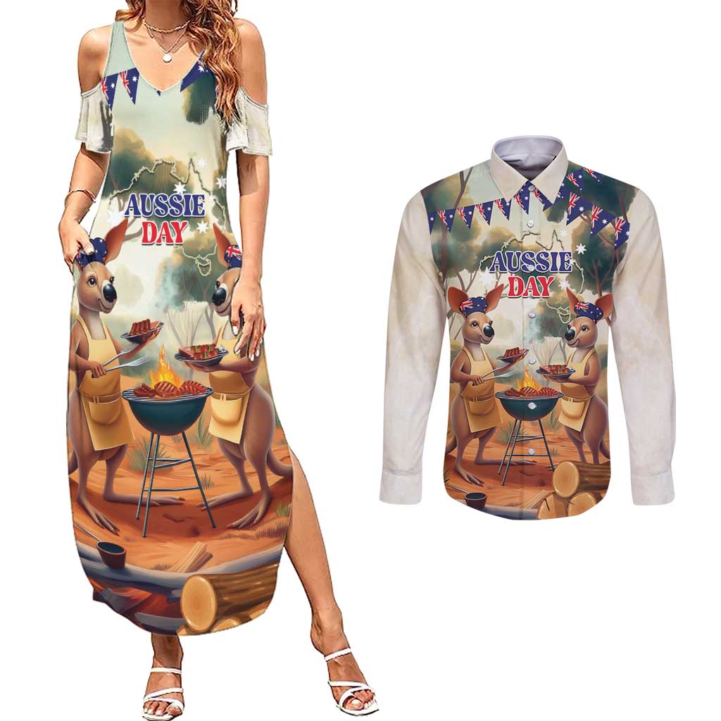 Kangaroos Australia Day Couples Matching Summer Maxi Dress and Long Sleeve Button Shirt It's Barbecue Time