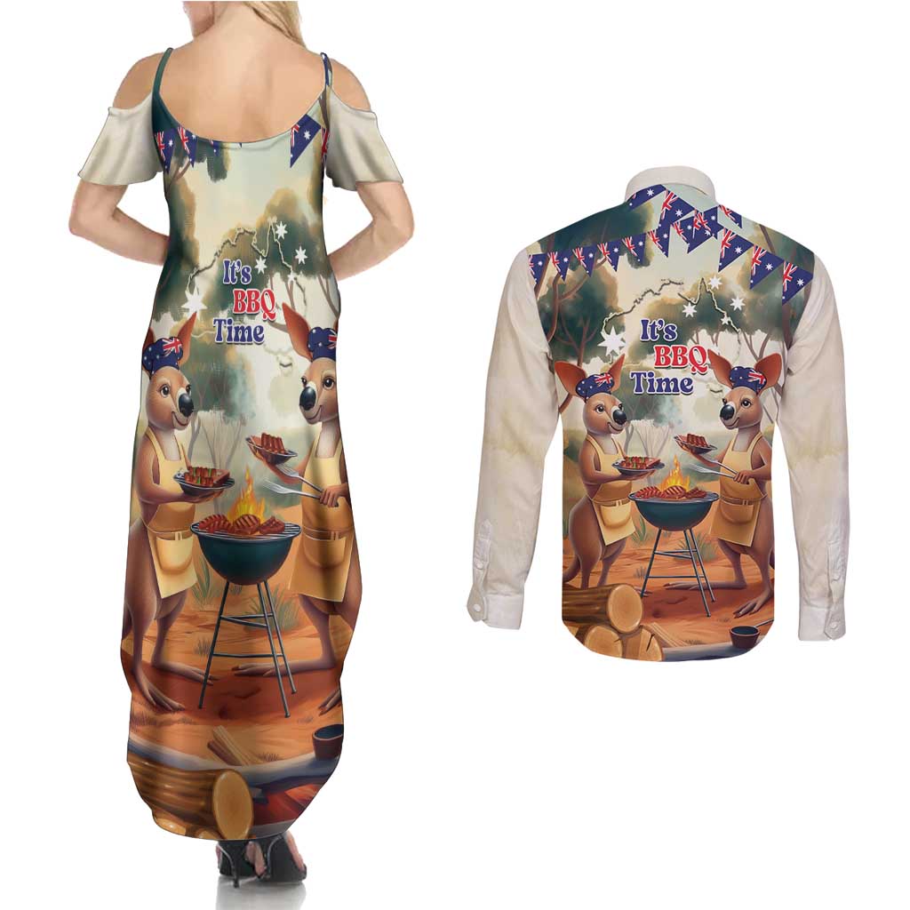 Kangaroos Australia Day Couples Matching Summer Maxi Dress and Long Sleeve Button Shirt It's Barbecue Time