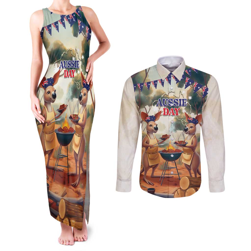 Kangaroos Australia Day Couples Matching Tank Maxi Dress and Long Sleeve Button Shirt It's Barbecue Time