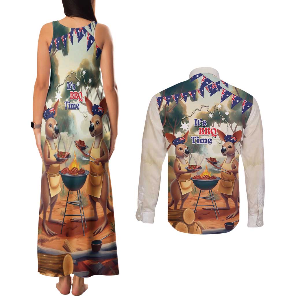 Kangaroos Australia Day Couples Matching Tank Maxi Dress and Long Sleeve Button Shirt It's Barbecue Time