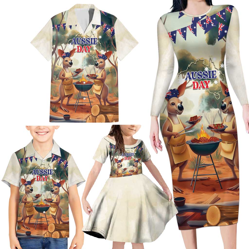 Kangaroos Australia Day Family Matching Long Sleeve Bodycon Dress and Hawaiian Shirt It's Barbecue Time