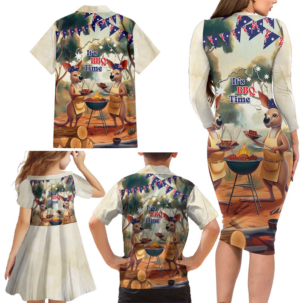 Kangaroos Australia Day Family Matching Long Sleeve Bodycon Dress and Hawaiian Shirt It's Barbecue Time