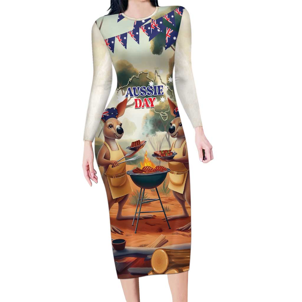 Kangaroos Australia Day Family Matching Long Sleeve Bodycon Dress and Hawaiian Shirt It's Barbecue Time