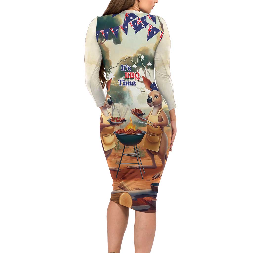 Kangaroos Australia Day Family Matching Long Sleeve Bodycon Dress and Hawaiian Shirt It's Barbecue Time