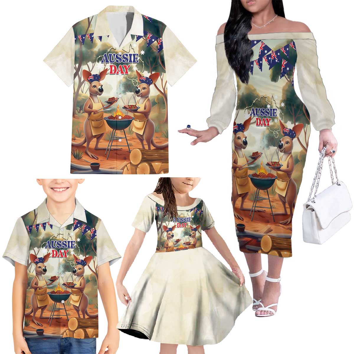 Kangaroos Australia Day Family Matching Off The Shoulder Long Sleeve Dress and Hawaiian Shirt It's Barbecue Time