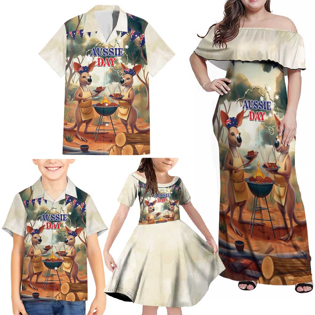 Kangaroos Australia Day Family Matching Off Shoulder Maxi Dress and Hawaiian Shirt It's Barbecue Time