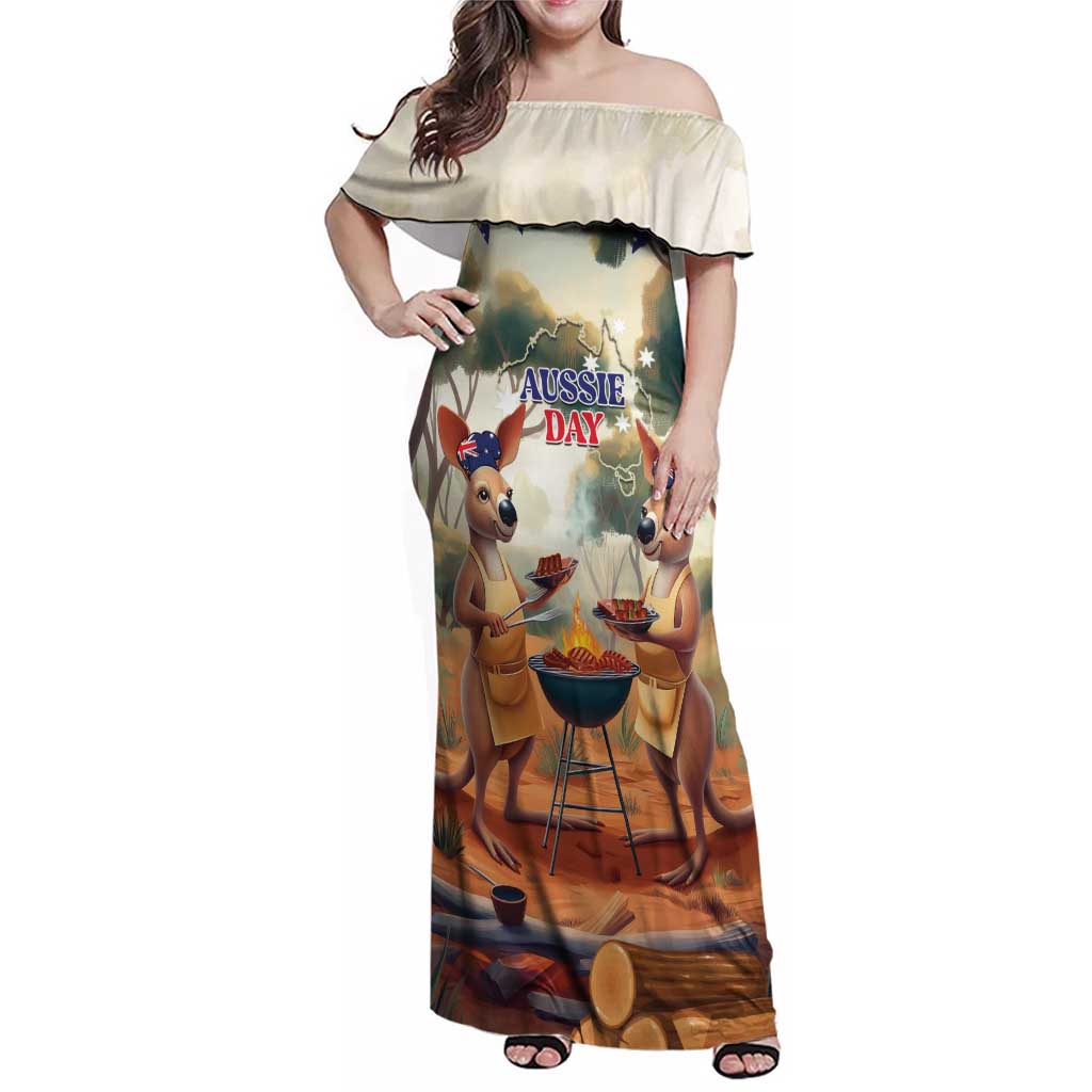 Kangaroos Australia Day Family Matching Off Shoulder Maxi Dress and Hawaiian Shirt It's Barbecue Time