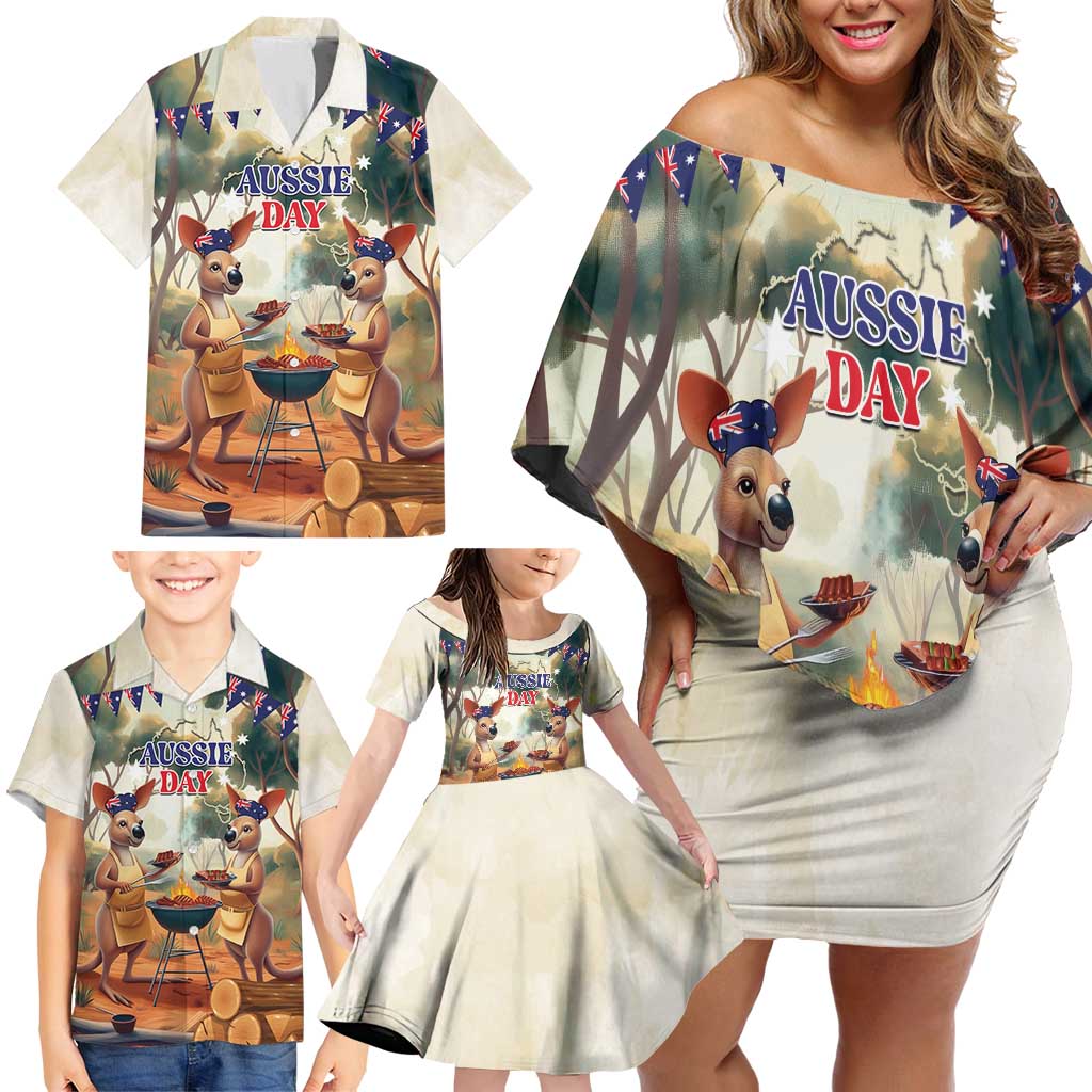 Kangaroos Australia Day Family Matching Off Shoulder Short Dress and Hawaiian Shirt It's Barbecue Time