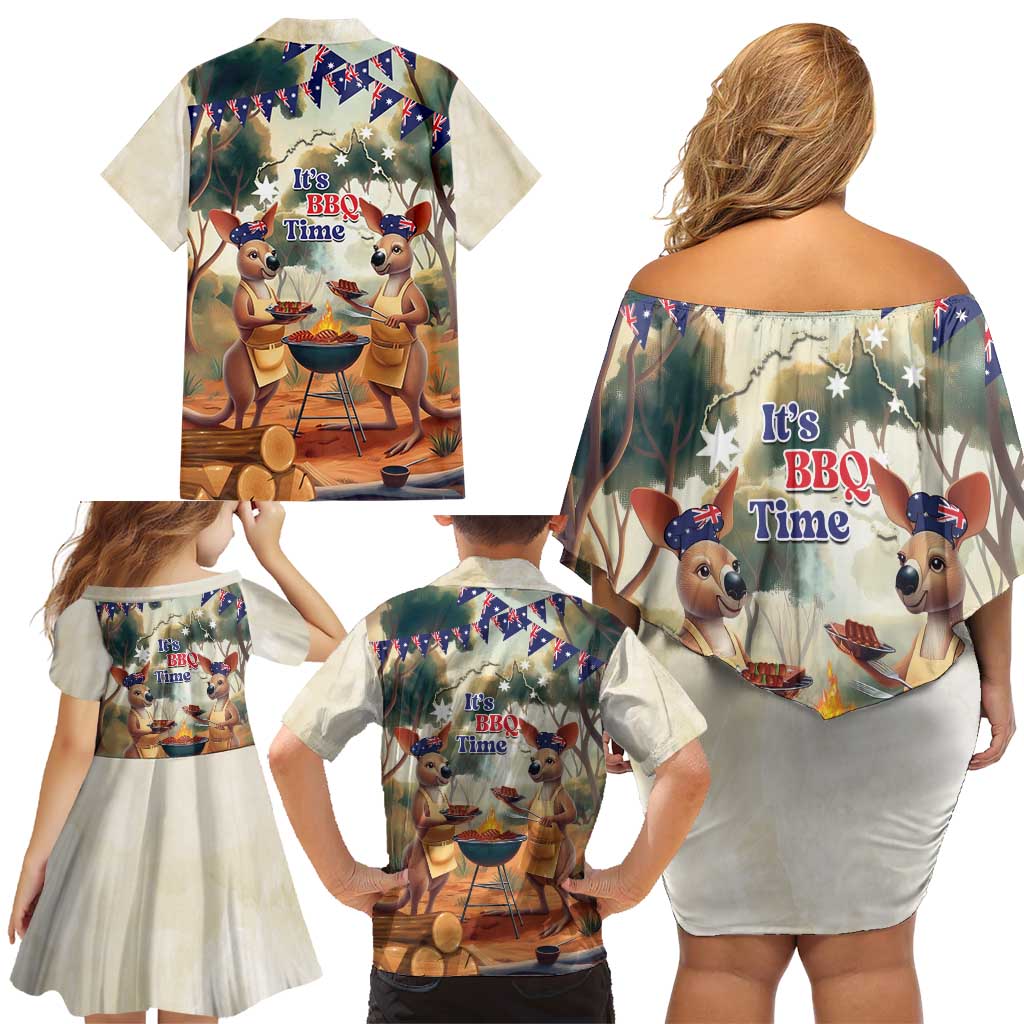 Kangaroos Australia Day Family Matching Off Shoulder Short Dress and Hawaiian Shirt It's Barbecue Time