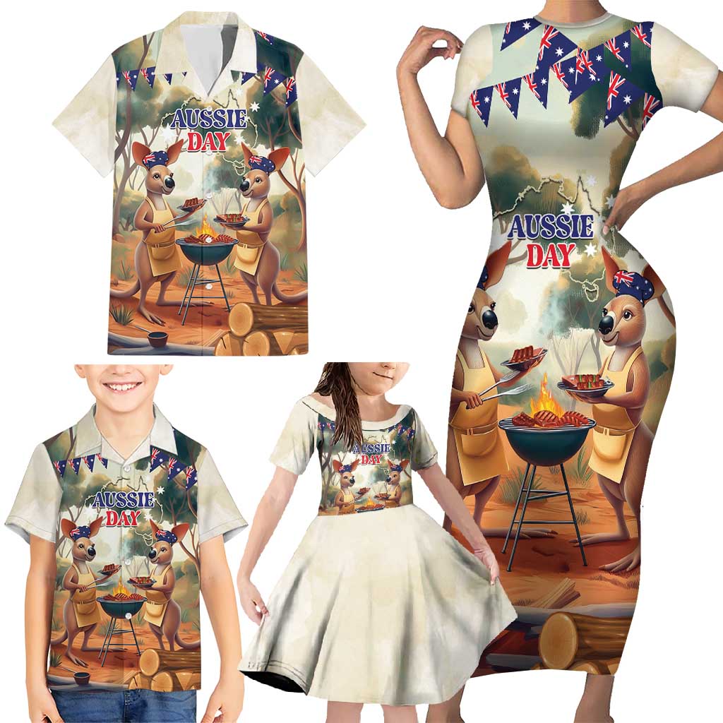 Kangaroos Australia Day Family Matching Short Sleeve Bodycon Dress and Hawaiian Shirt It's Barbecue Time