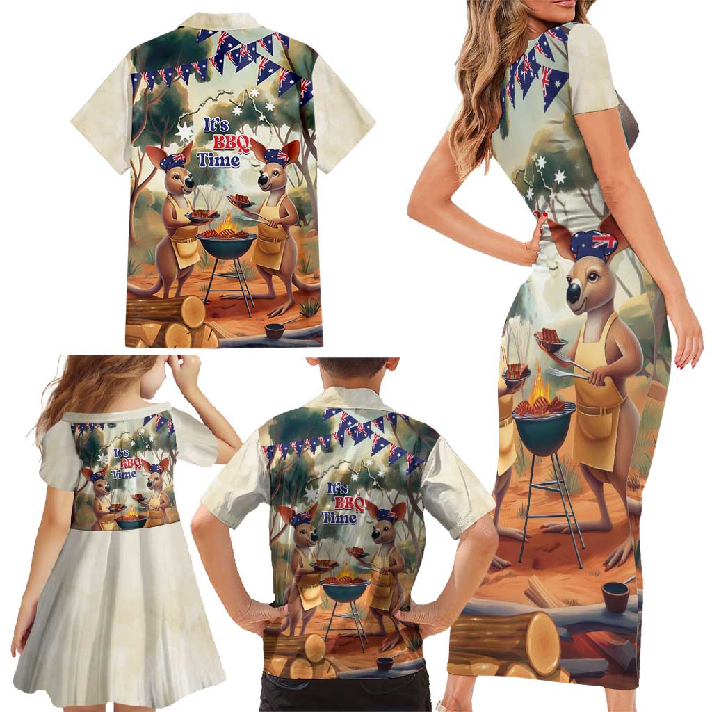 Kangaroos Australia Day Family Matching Short Sleeve Bodycon Dress and Hawaiian Shirt It's Barbecue Time