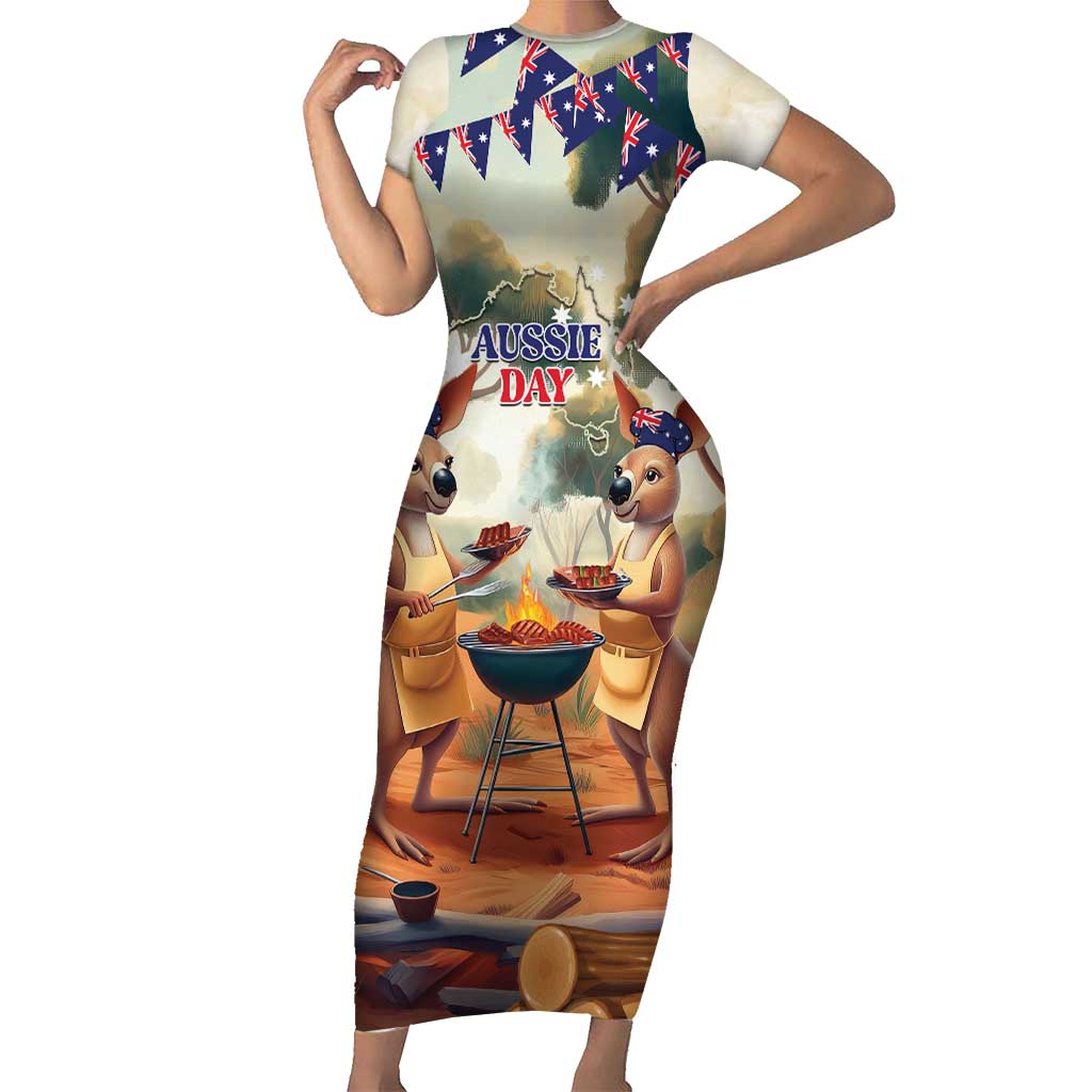 Kangaroos Australia Day Family Matching Short Sleeve Bodycon Dress and Hawaiian Shirt It's Barbecue Time