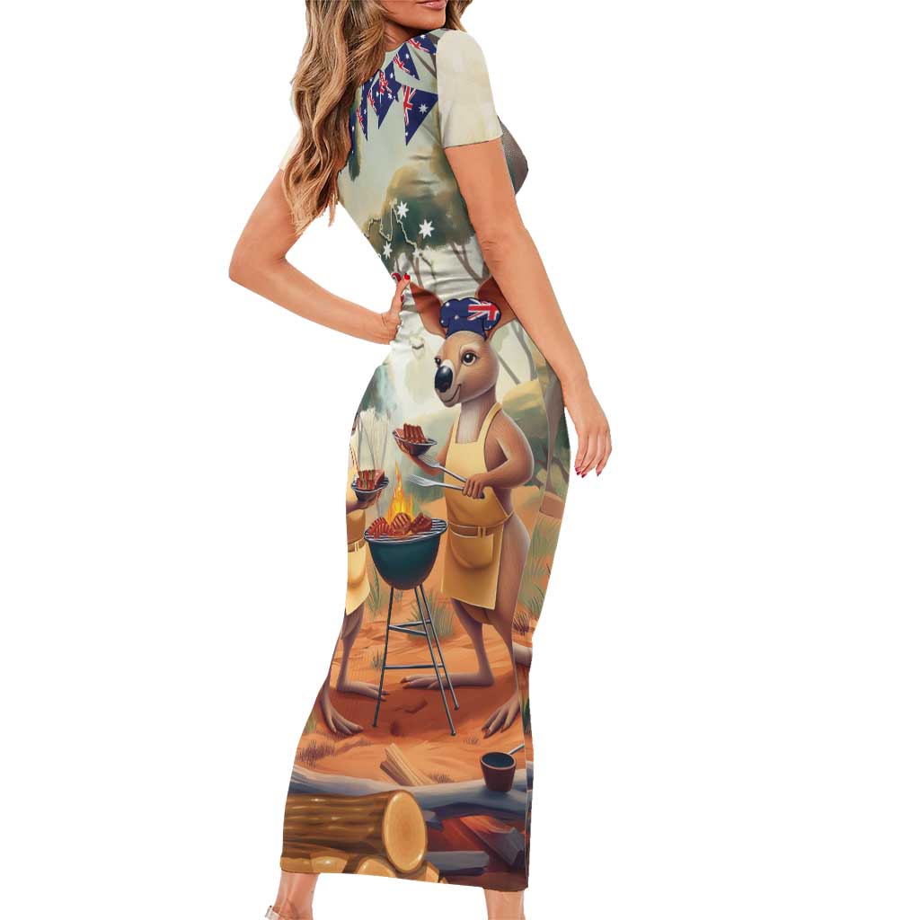 Kangaroos Australia Day Family Matching Short Sleeve Bodycon Dress and Hawaiian Shirt It's Barbecue Time