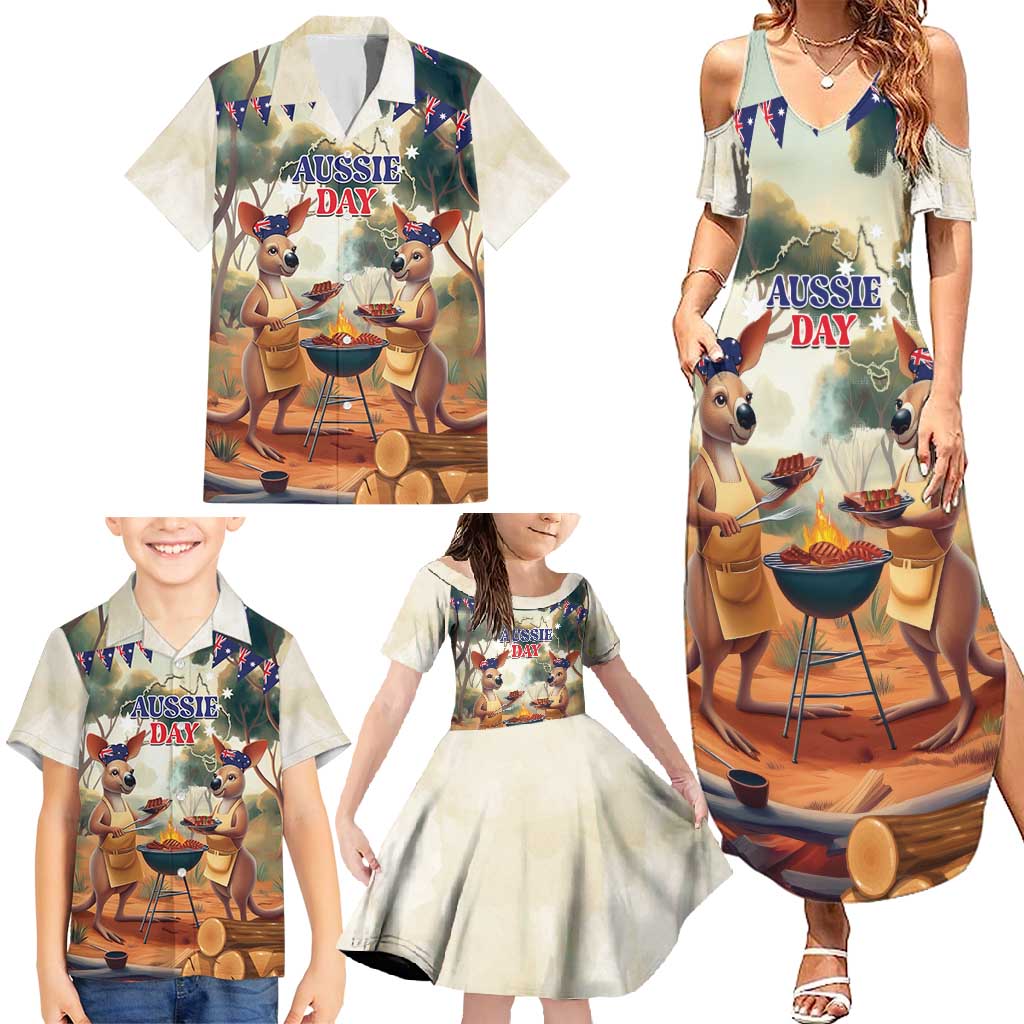 Kangaroos Australia Day Family Matching Summer Maxi Dress and Hawaiian Shirt It's Barbecue Time