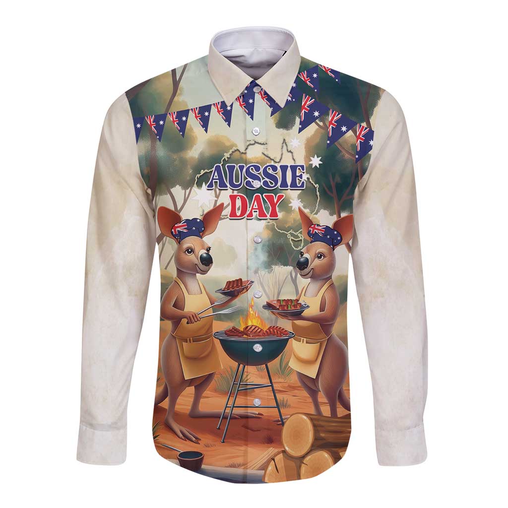 Kangaroos Australia Day Long Sleeve Button Shirt It's Barbecue Time - Vibe Hoodie Shop