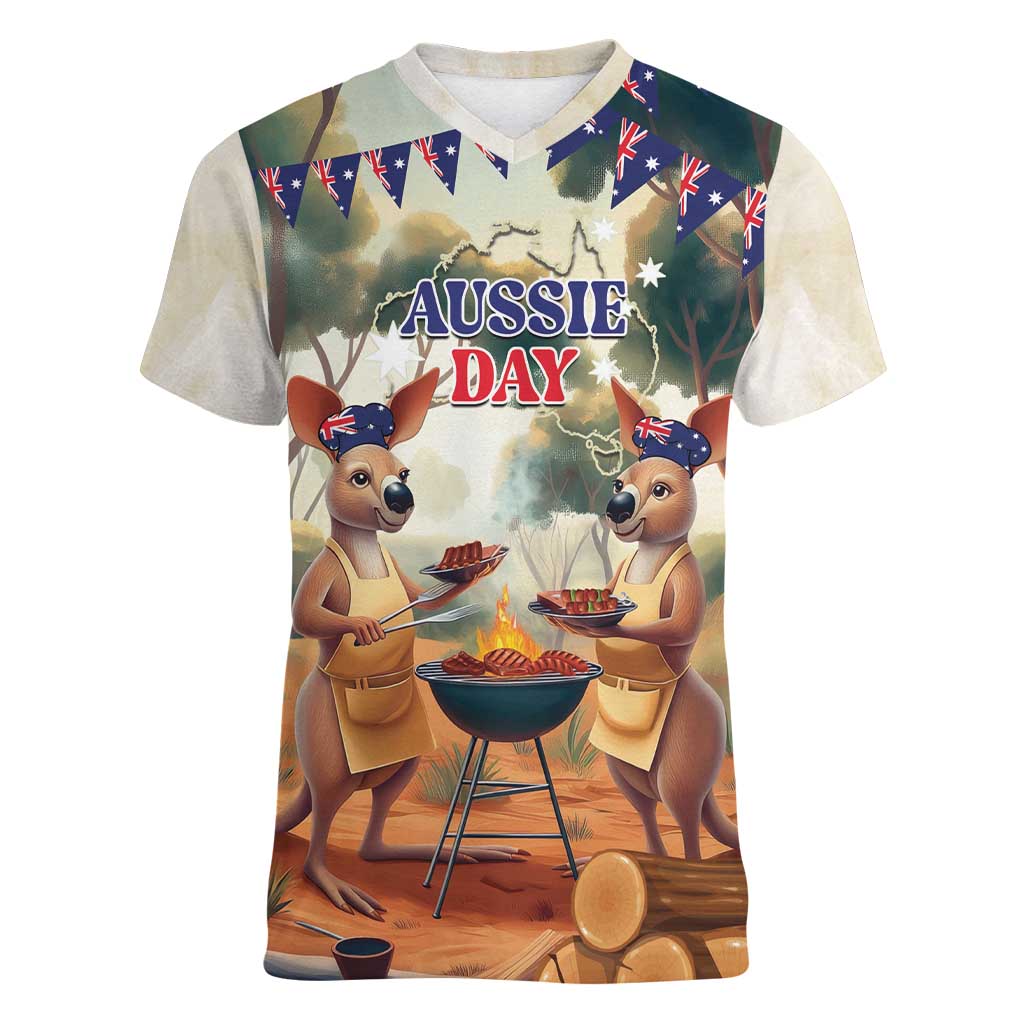 Kangaroos Australia Day Women V-Neck T-Shirt It's Barbecue Time - Vibe Hoodie Shop