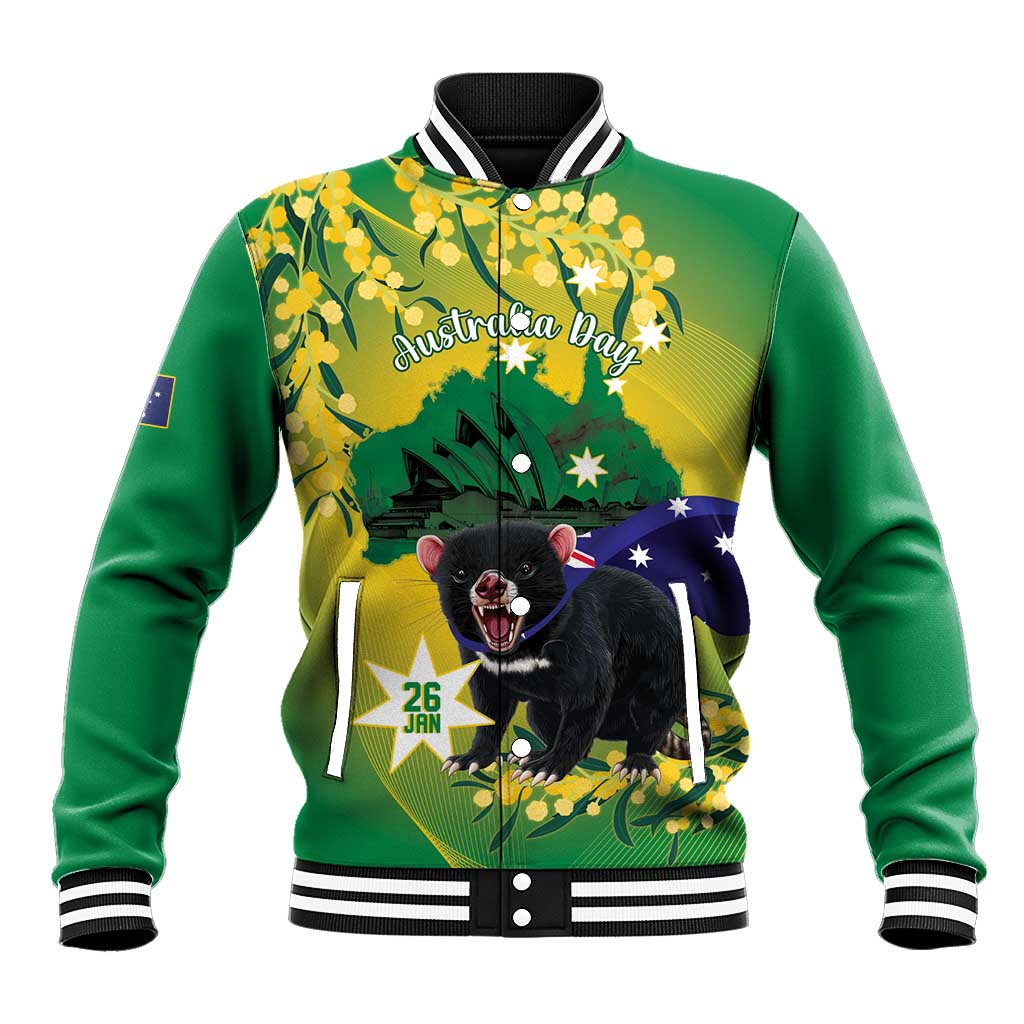 Tasimania Devil Australia Day Baseball Jacket Aussie Aussie Aussie Oi! Oi! Oi! - Green - Vibe Hoodie Shop