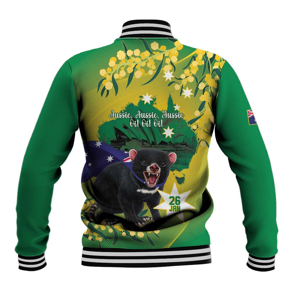 Tasimania Devil Australia Day Baseball Jacket Aussie Aussie Aussie Oi! Oi! Oi! - Green - Vibe Hoodie Shop