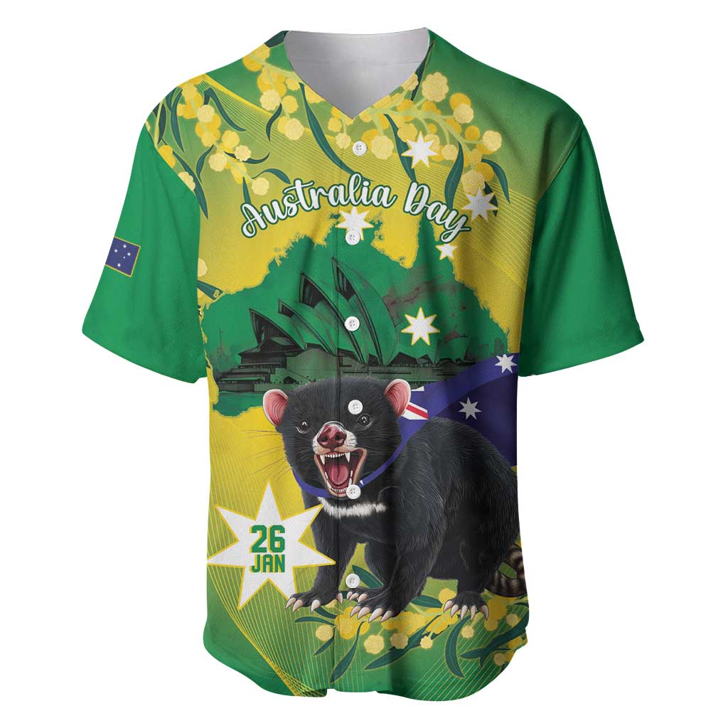 Tasimania Devil Australia Day Baseball Jersey Aussie Aussie Aussie Oi! Oi! Oi! - Green - Vibe Hoodie Shop