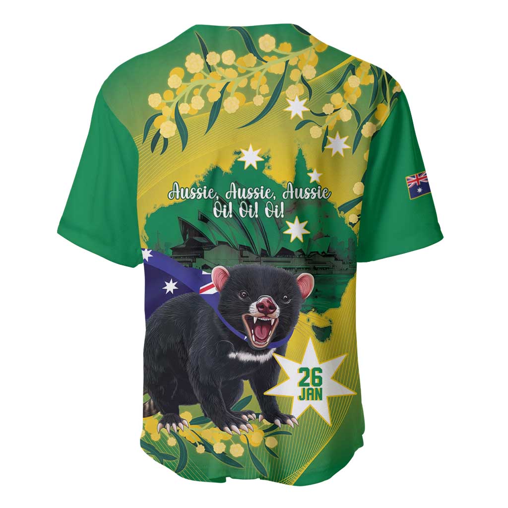 Tasimania Devil Australia Day Baseball Jersey Aussie Aussie Aussie Oi! Oi! Oi! - Green - Vibe Hoodie Shop