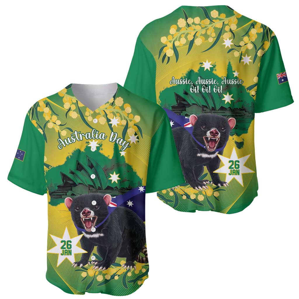 Tasimania Devil Australia Day Baseball Jersey Aussie Aussie Aussie Oi! Oi! Oi! - Green - Vibe Hoodie Shop