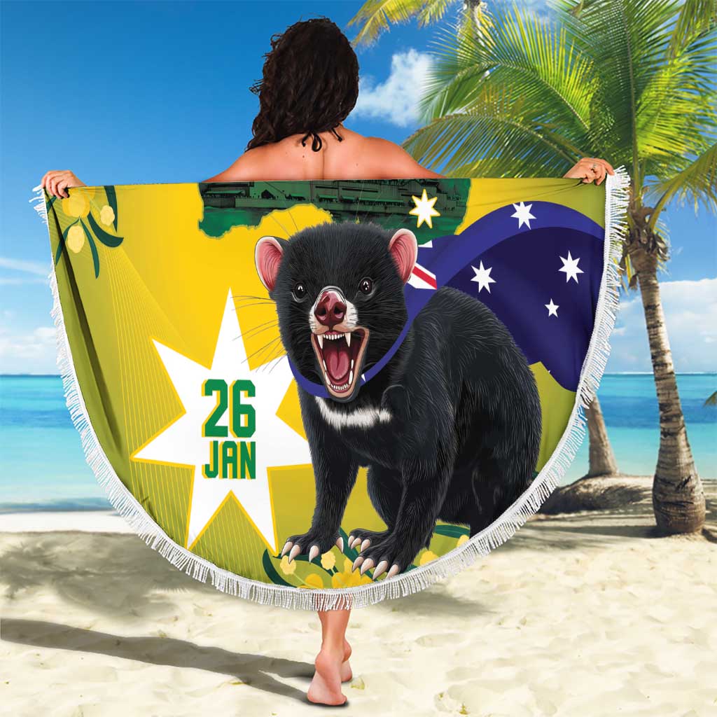 Tasimania Devil Australia Day Beach Blanket Aussie Aussie Aussie Oi! Oi! Oi! - Green