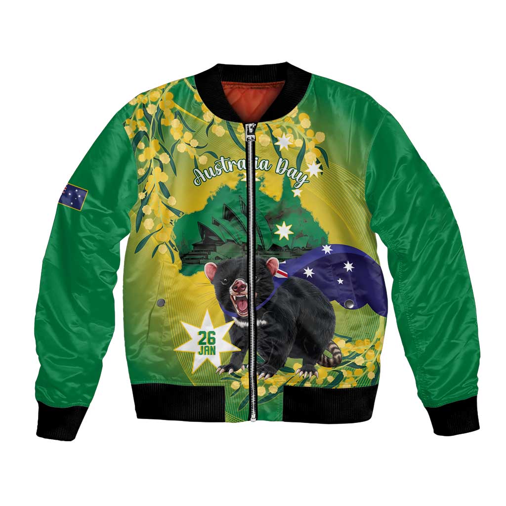 Tasimania Devil Australia Day Bomber Jacket Aussie Aussie Aussie Oi! Oi! Oi! - Green - Vibe Hoodie Shop