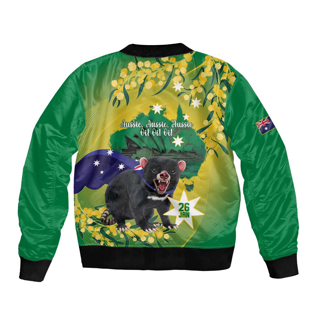 Tasimania Devil Australia Day Bomber Jacket Aussie Aussie Aussie Oi! Oi! Oi! - Green - Vibe Hoodie Shop