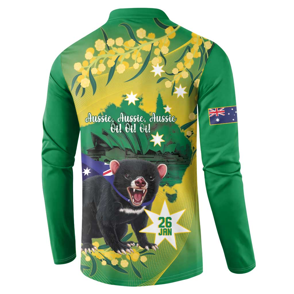 Tasimania Devil Australia Day Button Sweatshirt Aussie Aussie Aussie Oi! Oi! Oi! - Green