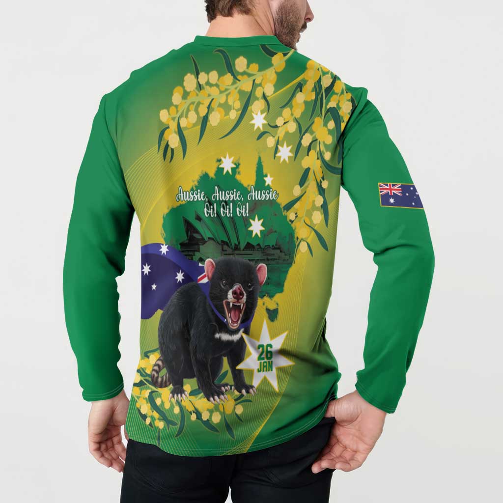 Tasimania Devil Australia Day Button Sweatshirt Aussie Aussie Aussie Oi! Oi! Oi! - Green