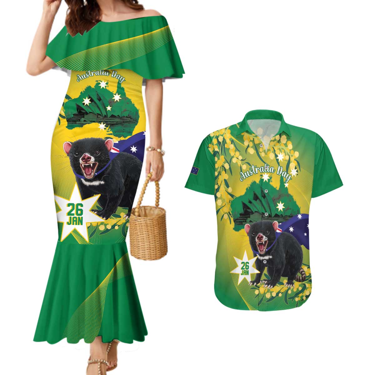 Tasimania Devil Australia Day Couples Matching Mermaid Dress and Hawaiian Shirt Aussie Aussie Aussie Oi! Oi! Oi! - Green