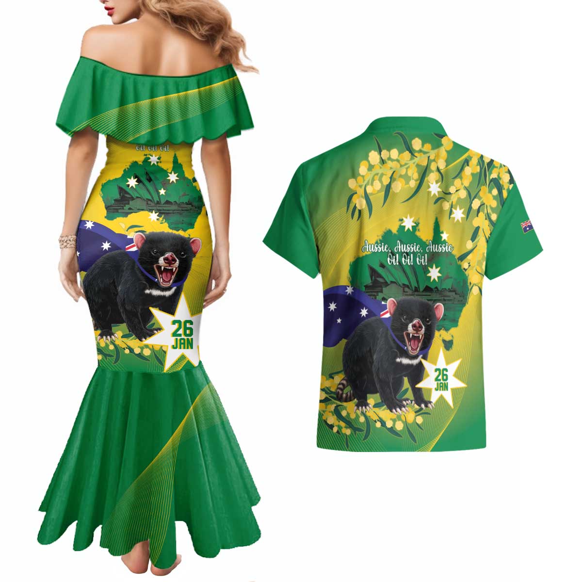 Tasimania Devil Australia Day Couples Matching Mermaid Dress and Hawaiian Shirt Aussie Aussie Aussie Oi! Oi! Oi! - Green