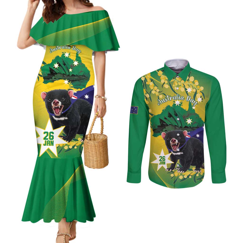 Tasimania Devil Australia Day Couples Matching Mermaid Dress and Long Sleeve Button Shirt Aussie Aussie Aussie Oi! Oi! Oi! - Green