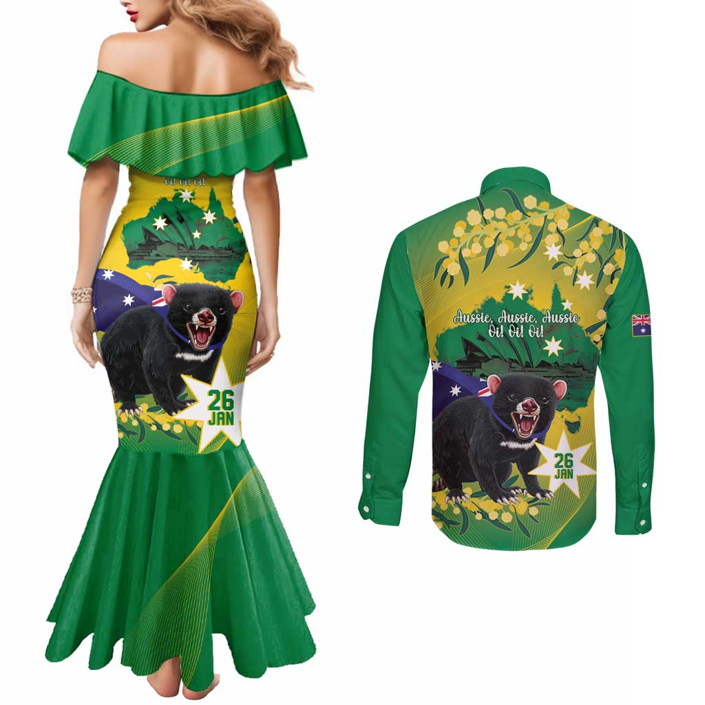 Tasimania Devil Australia Day Couples Matching Mermaid Dress and Long Sleeve Button Shirt Aussie Aussie Aussie Oi! Oi! Oi! - Green