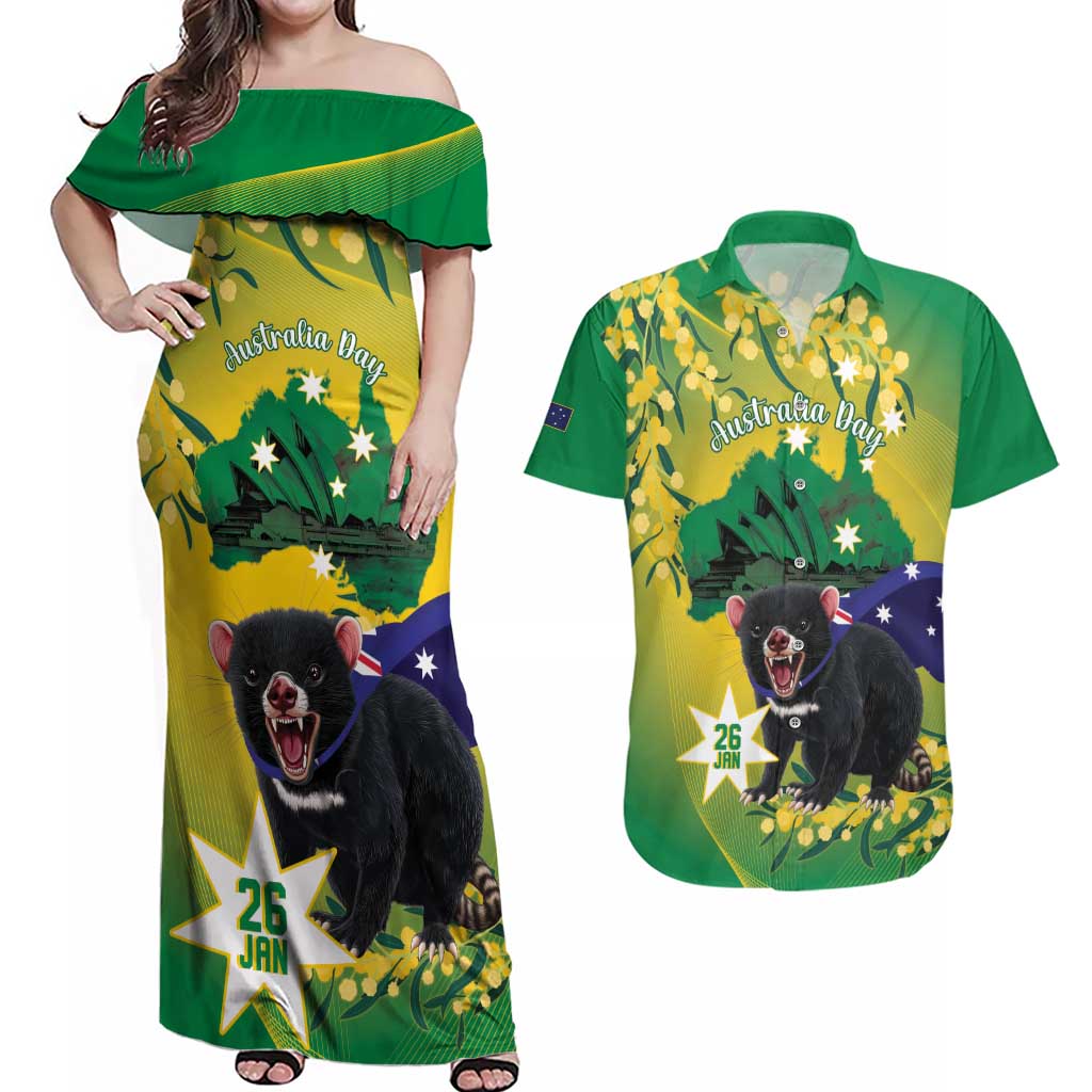 Tasimania Devil Australia Day Couples Matching Off Shoulder Maxi Dress and Hawaiian Shirt Aussie Aussie Aussie Oi! Oi! Oi! - Green