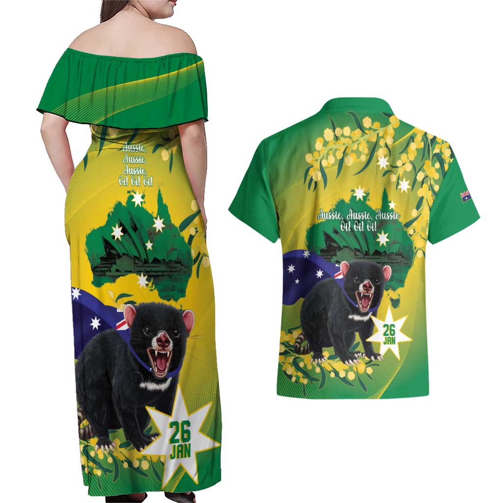 Tasimania Devil Australia Day Couples Matching Off Shoulder Maxi Dress and Hawaiian Shirt Aussie Aussie Aussie Oi! Oi! Oi! - Green