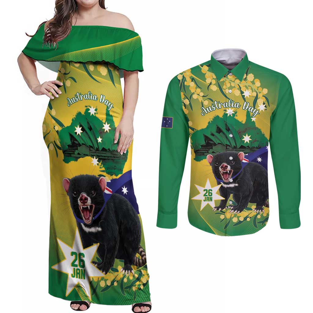 Tasimania Devil Australia Day Couples Matching Off Shoulder Maxi Dress and Long Sleeve Button Shirt Aussie Aussie Aussie Oi! Oi! Oi! - Green