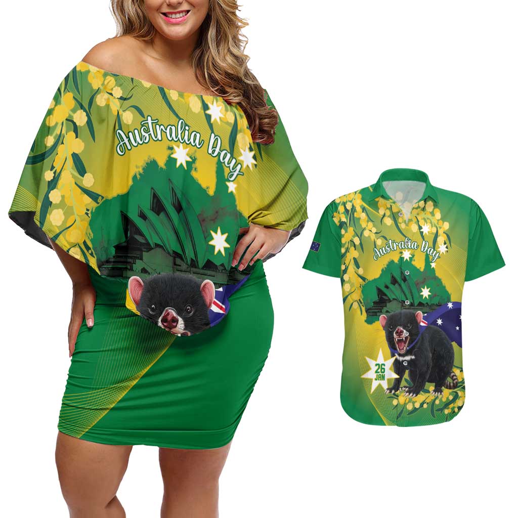 Tasimania Devil Australia Day Couples Matching Off Shoulder Short Dress and Hawaiian Shirt Aussie Aussie Aussie Oi! Oi! Oi! - Green